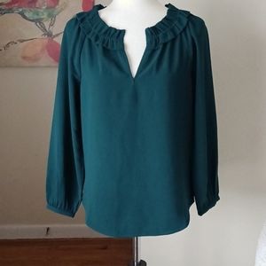 NEW J. Crew blouse drapey ruffle v-neck long sleeve emerald green XXS XS